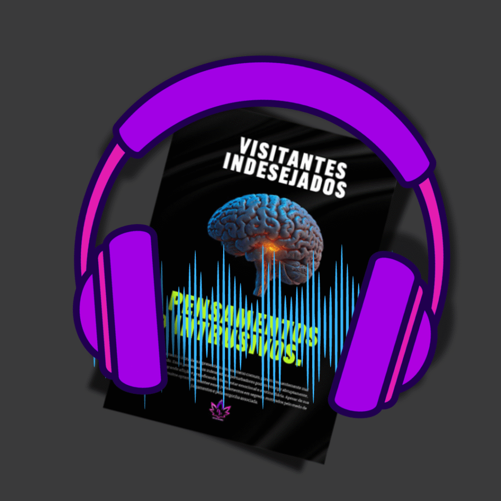 Imagem do audiobook bônus 'Visitantes Indesejados', mostrando a capa do livro com um fone de ouvido, simbolizando a conveniência de ouvir o conteúdo em qualquer lugar.