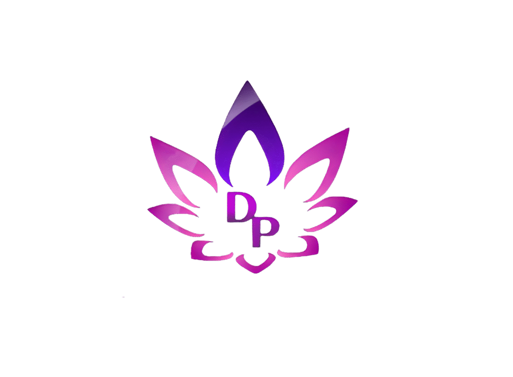 Logo oficial da Descobrindo Poderes, representando uma flor de lótus estilizada em tons de roxo e rosa com as iniciais DP.