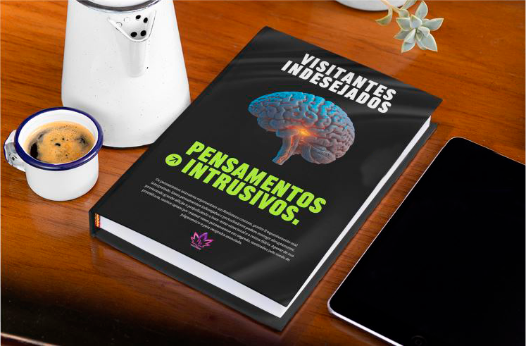 Mockup da capa do livro 'Visitantes Indesejados - Pensamentos Intrusivos', apresentado de forma profissional sobre uma mesa com uma xícara de café ao fundo.