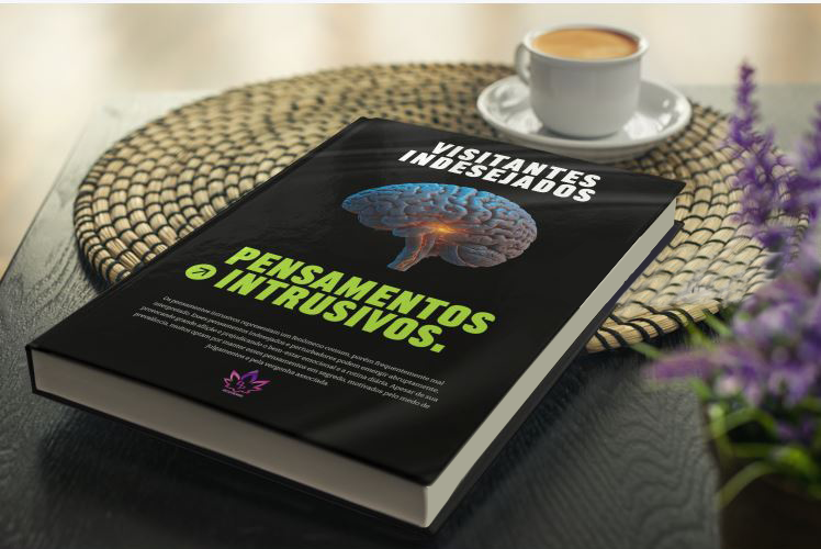 Mockup da capa do livro 'Visitantes Indesejados - Pensamentos Intrusivos', apresentado de forma profissional sobre uma mesa com uma xícara de café ao fundo.