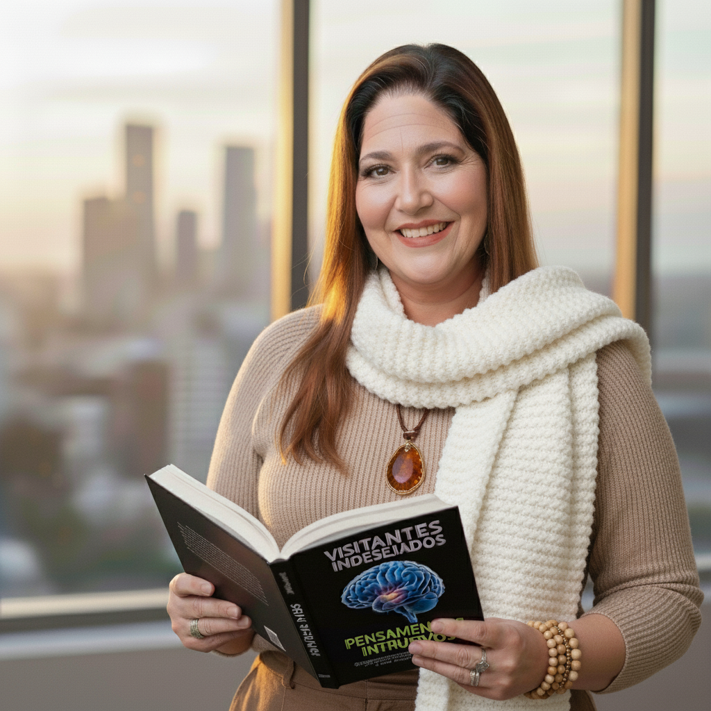 Foto profissional de Sandra Scudiero, autora do e-book Visitantes Indesejados e especialista em estratégias para superar pensamentos intrusivos.